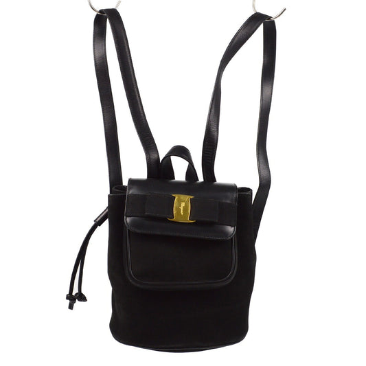 Salvatore Ferragamo Vara Flap Drawstring Backpack Leather and Suede, BLACK, SUEDE, Backpack