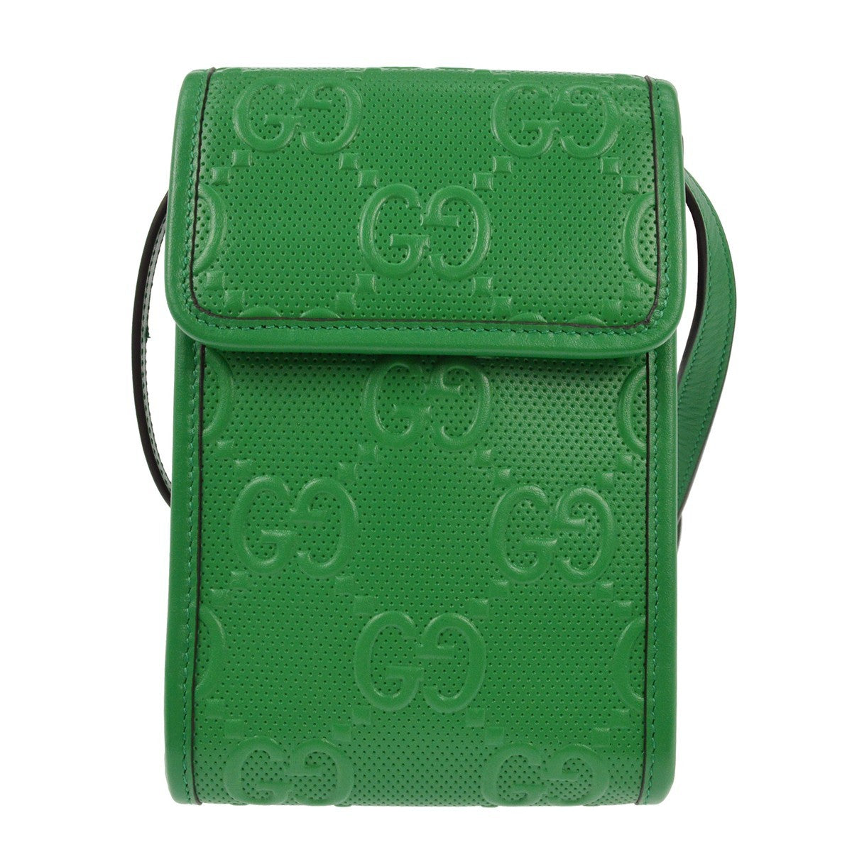 Gucci Flap Crossbody Bag GG Embossed Perforated Leather, GREEN, LEATHER, Clutche & pouche
