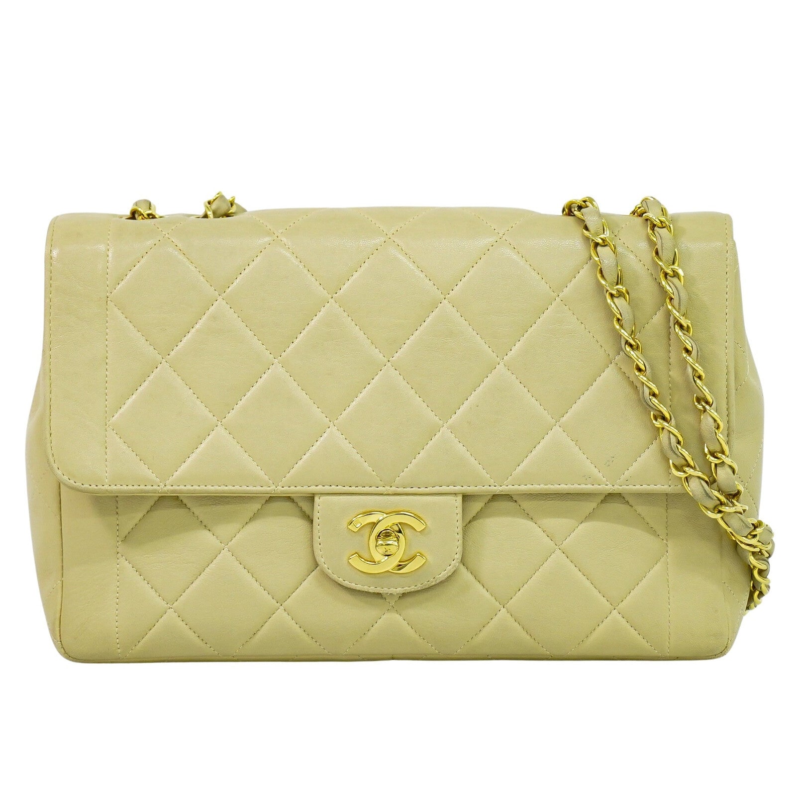 Chanel Vintage Square Flap Bag Quilted Lambskin, BEIGE, LEATHER, Shoulder bag