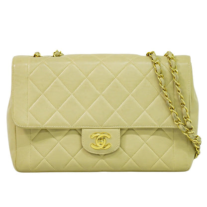 Chanel Vintage Square Flap Bag Quilted Lambskin, BEIGE, LEATHER, Shoulder bag