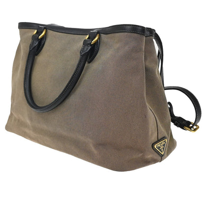 Prada Logo Convertible Tote Canvas with Leather, BROWN, CANVAS, Tote bag