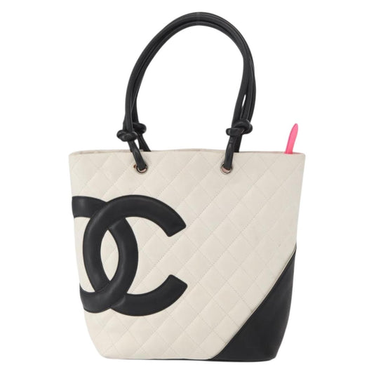 Chanel Cambon Tote Quilted Leather, WHITE, LEATHER, Tote bag