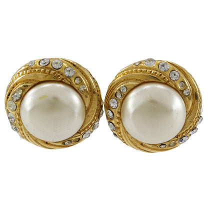 Chanel Vintage Round Clip-On Earrings Metal with Faux Pearl, GOLD, GOLD_PLATED, Earrings