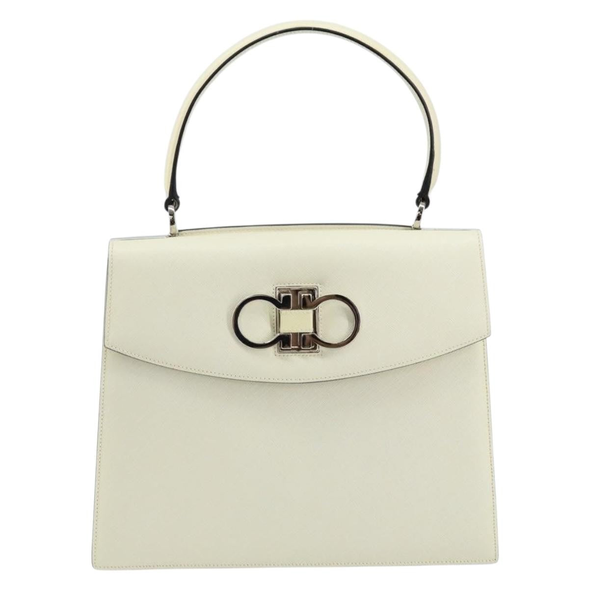 Salvatore Ferragamo Double Gancini Top Handle Bag Saffiano Leather, WHITE, LEATHER, Handbag