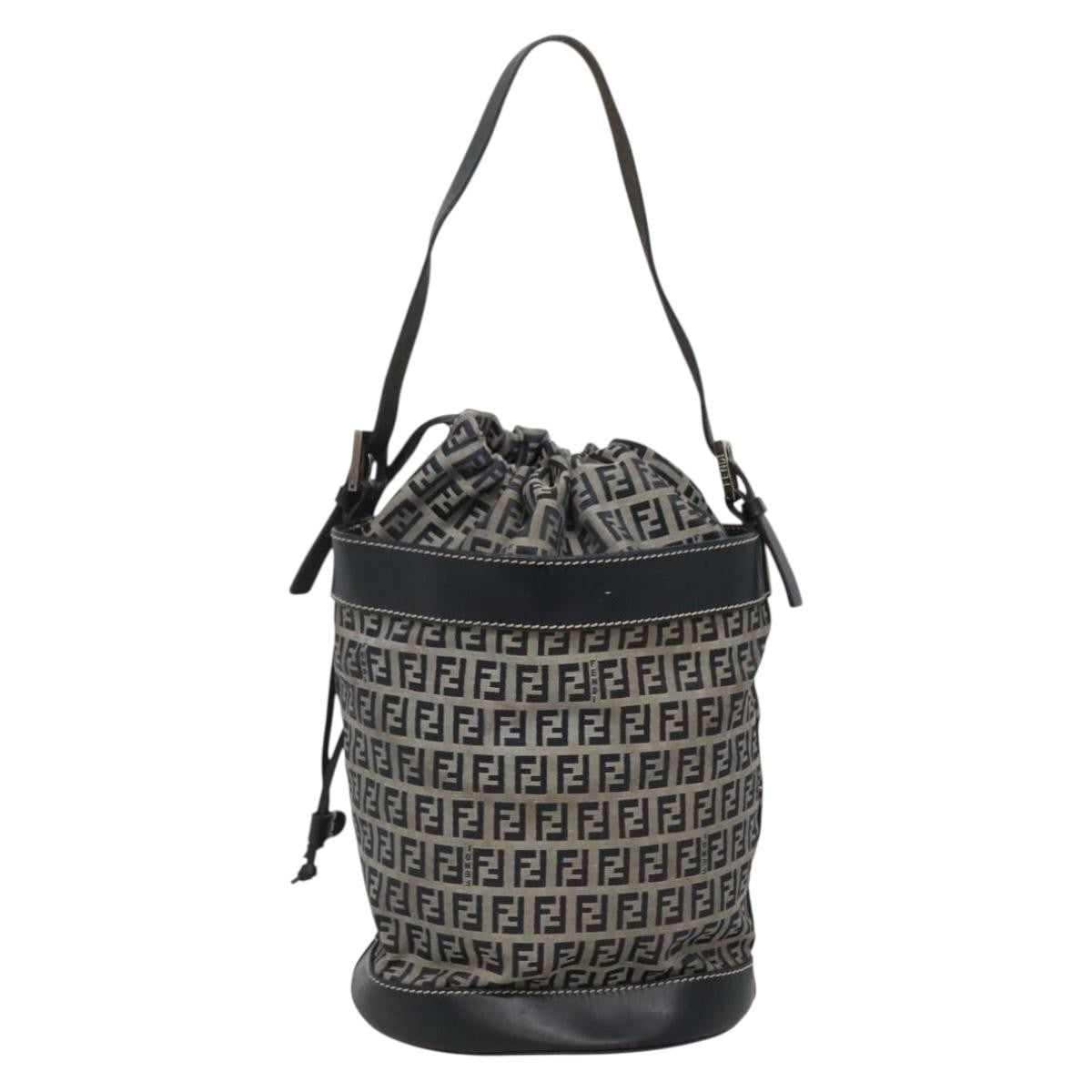 Fendi FF Logo Mon Tresor Bucket Bag Printed Shearling with Leather, NAVY, CANVAS, Shoulder bag