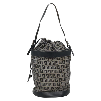 Fendi FF Logo Mon Tresor Bucket Bag Printed Shearling with Leather, NAVY, CANVAS, Shoulder bag