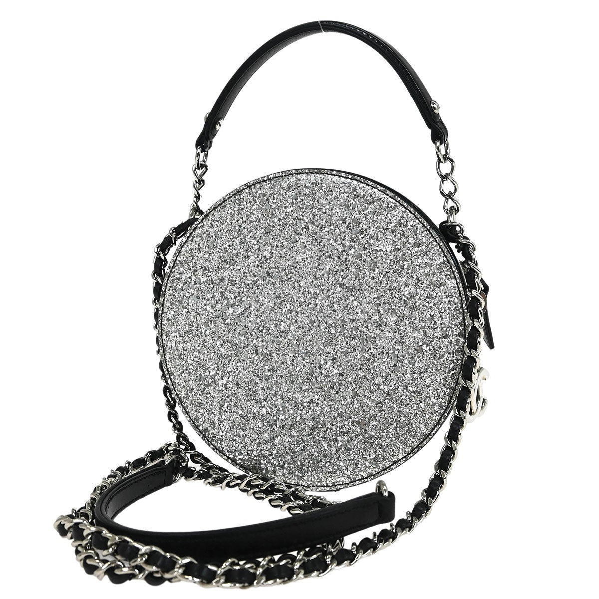 Chanel Evening On The Moon Round Evening Bag Glittered PVC with Patent, SILVER, PATENT_LEATHER, Shoulder bag