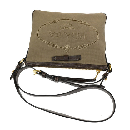 Prada Logo Double Zip Crossbody Bag Canvas, BROWN, CANVAS, Shoulder bag