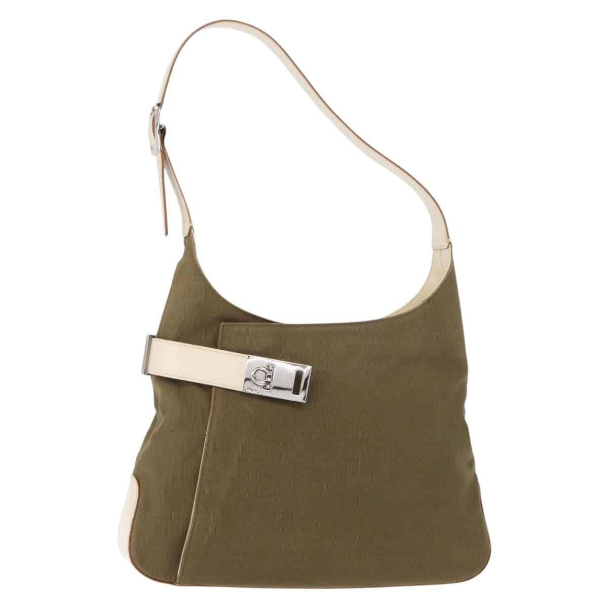 Salvatore Ferragamo Gancini Shoulder Bag Canvas, KHAKI, CANVAS, Shoulder bag