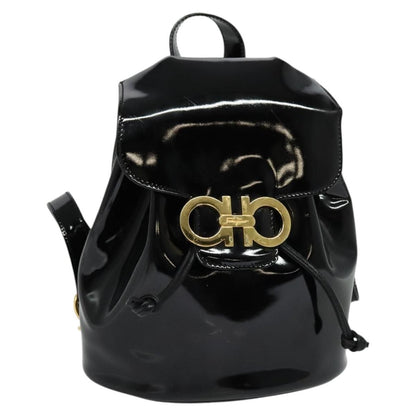 Salvatore Ferragamo Gancini Flap Drawstring Backpack Patent leather, BLACK, PATENT_LEATHER, Backpack