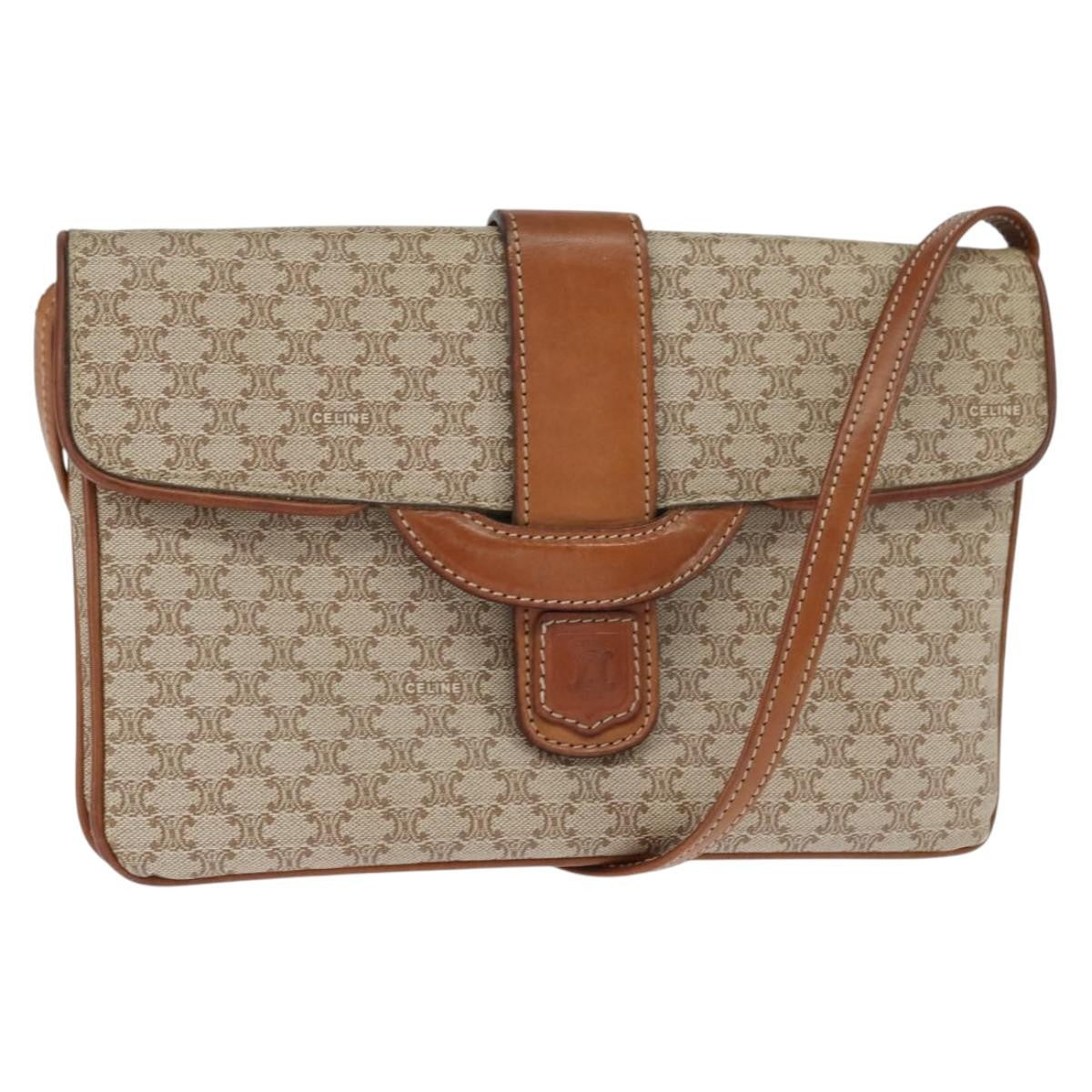 Celine Vintage Macadam Shoulder Bag Canvas and Leather, BEIGE, CANVAS, Shoulder bag