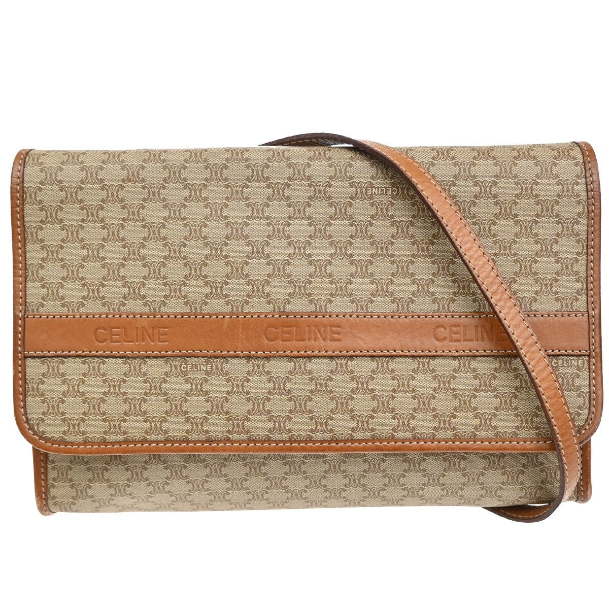 Celine Macadam Pochette Canvas and Leather, BEIGE, PVC, Clutche & pouche