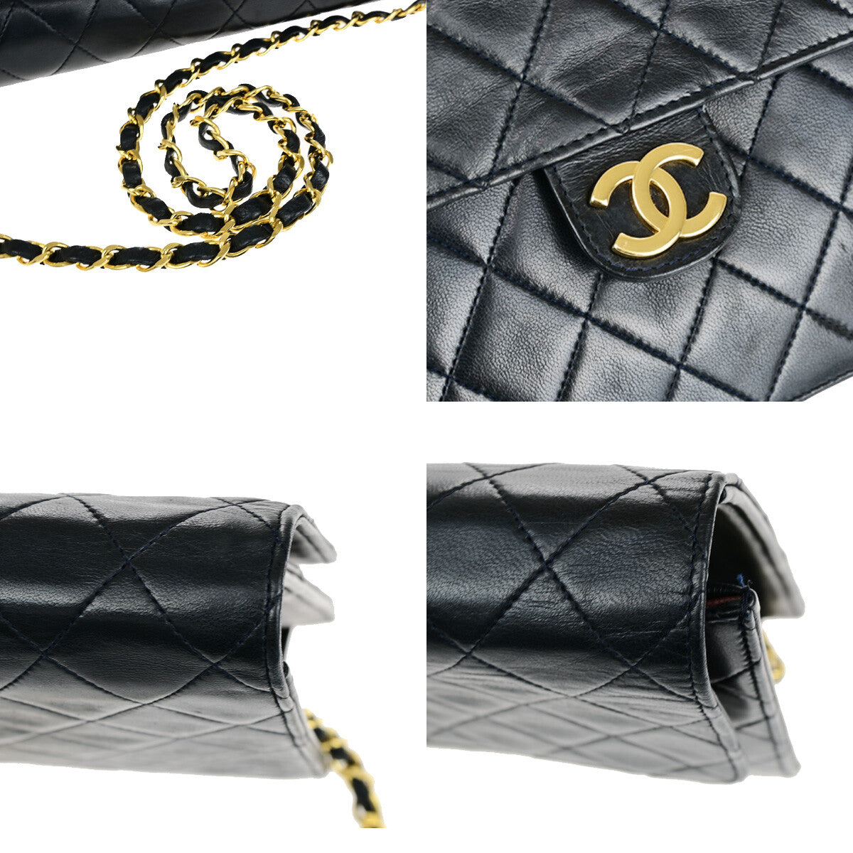 Chanel Vintage Chain Flap Bag Quilted Leather, NAVY, LEATHER, Shoulder bag