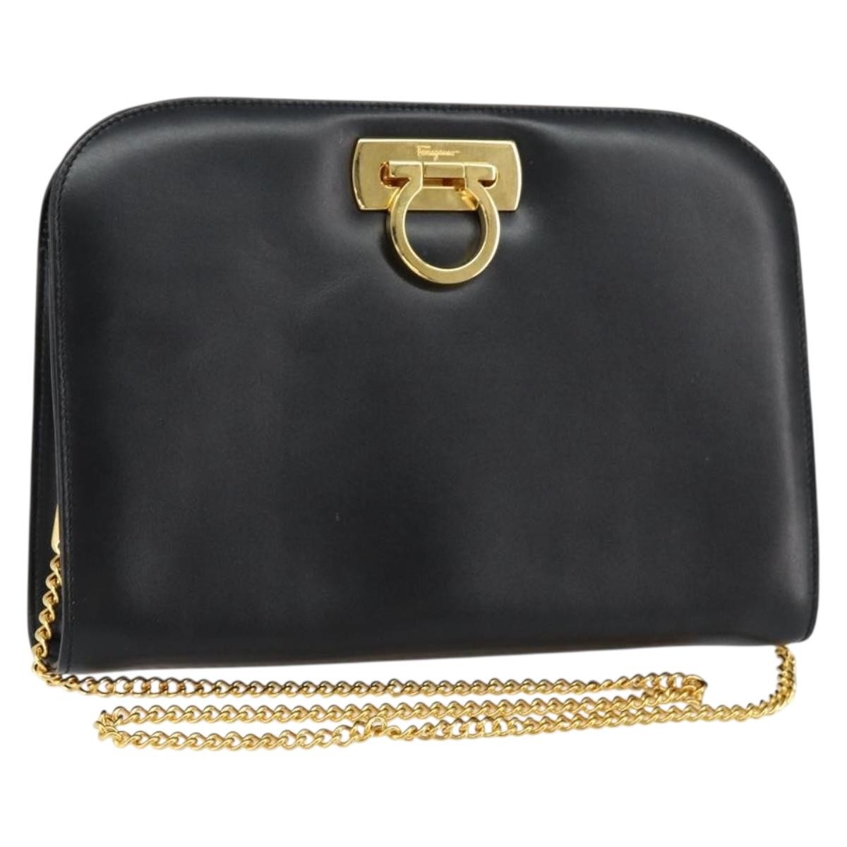 Salvatore Ferragamo Vintage Gancini Chain Shoulder Bag Leather, BLACK, LEATHER, Shoulder bag