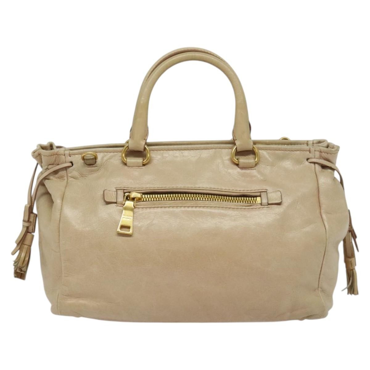 Prada Front Pocket Convertible Tote Leather, BEIGE, LEATHER, Tote bag