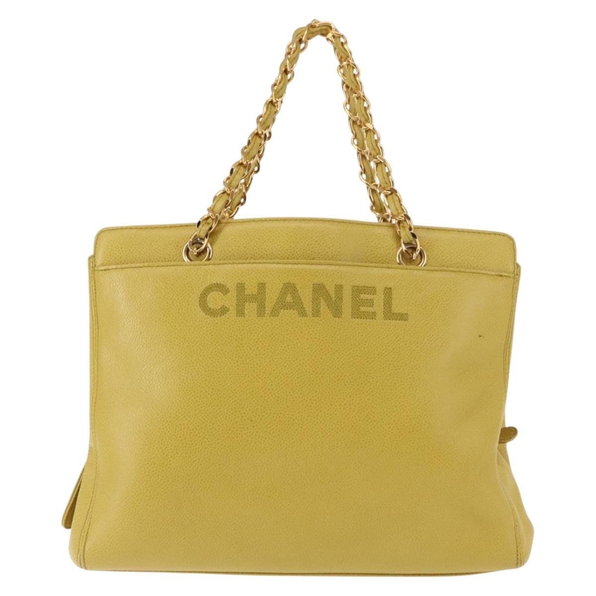Chanel Vintage Logo Chain Tote Caviar, YELLOW, LEATHER, Tote bag
