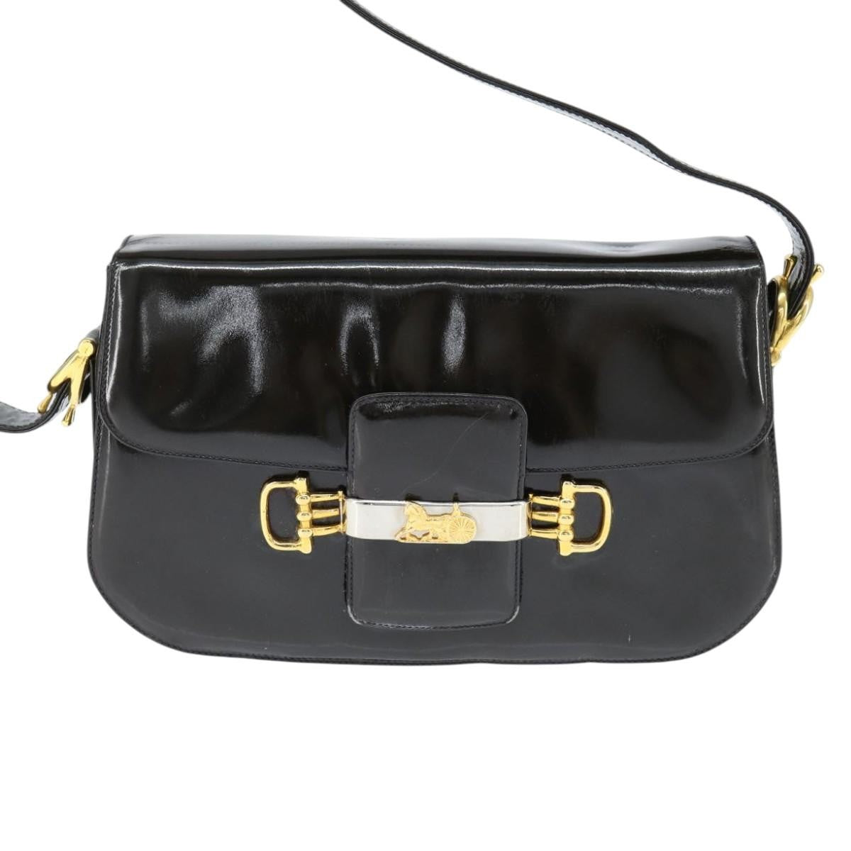 Celine Vintage Carriage Flap Clutch Leather, BLACK, PATENT_LEATHER, Shoulder bag