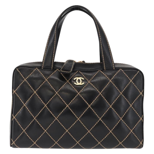 Chanel Surpique Boston Bag Quilted Leather, BLACK, LEATHER, Travel bag