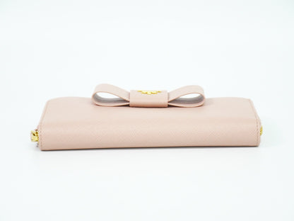 Prada Bow Zip Around Wallet Saffiano Leather, PINK, LEATHER, Wallets
