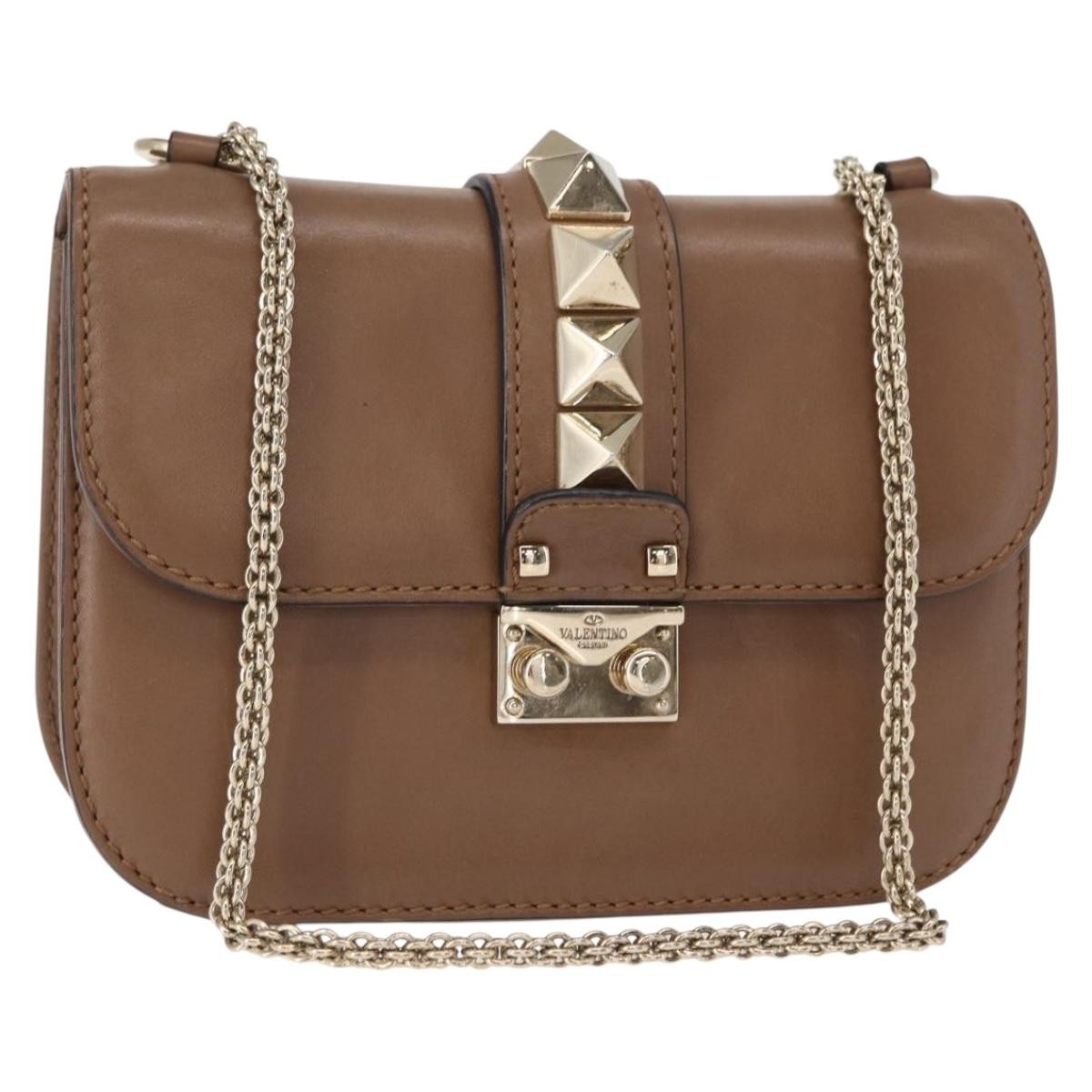 Valentino Garavani Rolling Rockstud Glam Lock Shoulder Bag Leather, BROWN, LEATHER, Shoulder bag