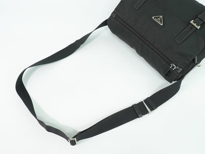 Prada Zip Buckle Messenger Bag Tessuto, BLACK, NYLON, Shoulder bag