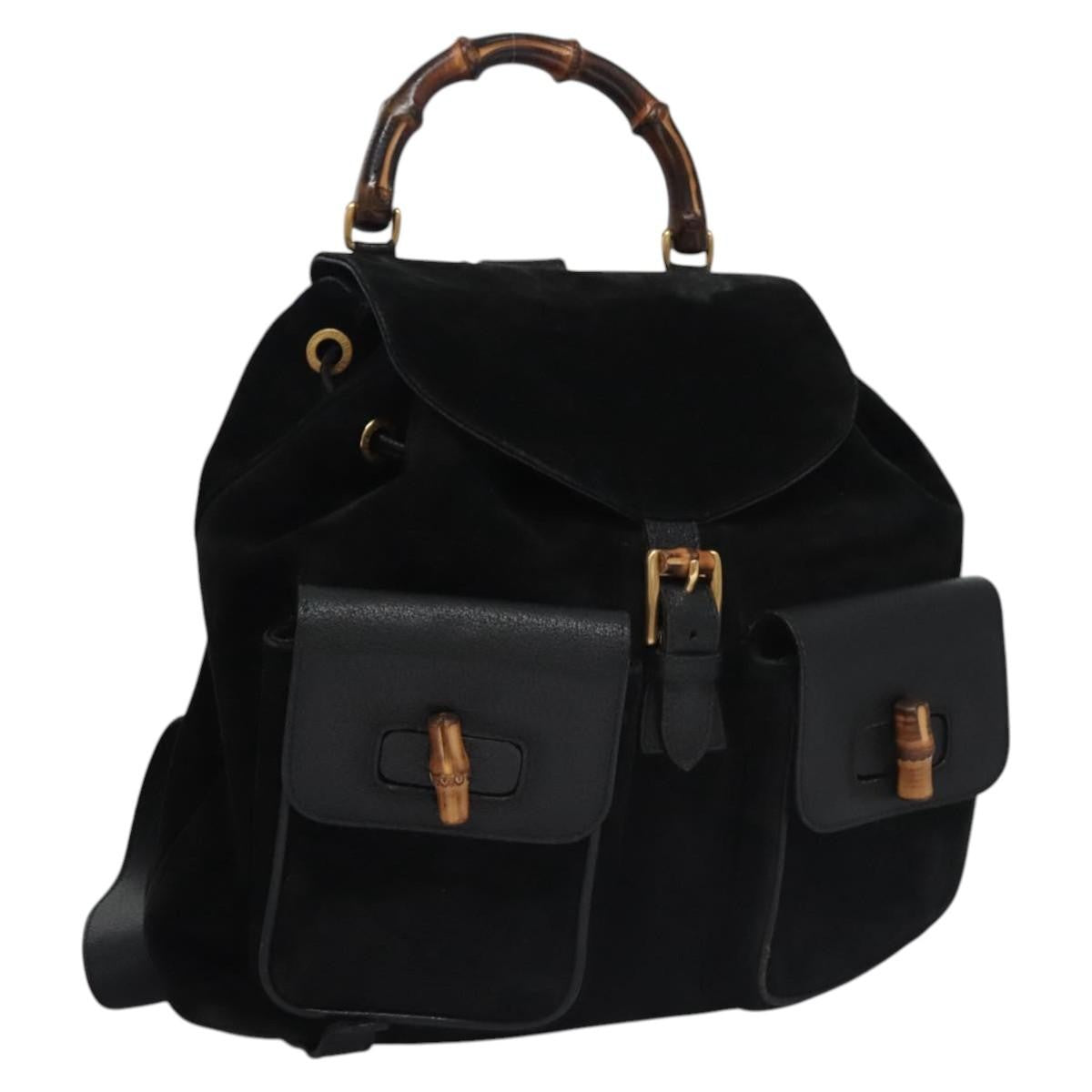 Gucci Vintage Bamboo Backpack Leather, BLACK, SUEDE, Backpack