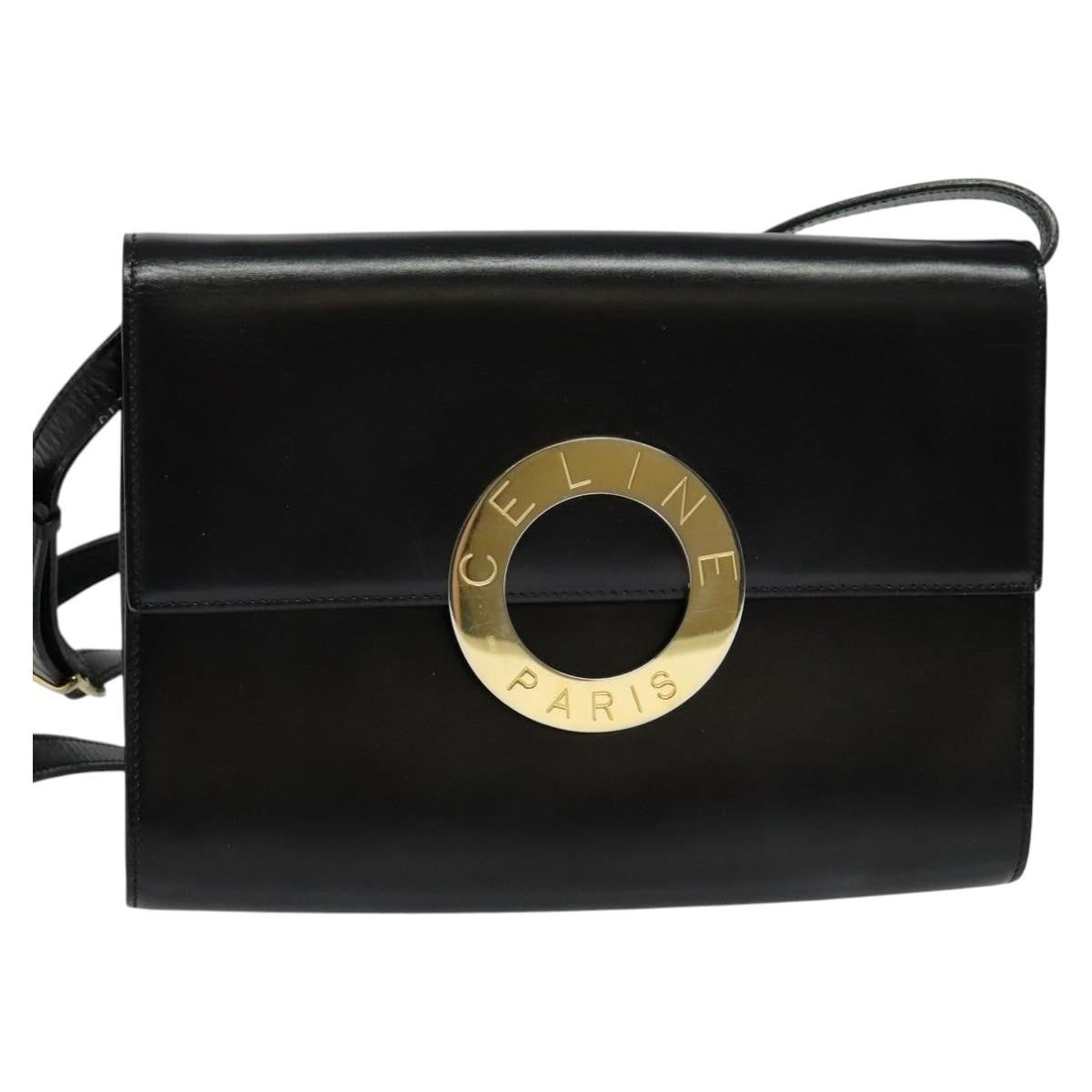 Celine Vintage Circle Logo Crossbody Bag Leather, BLACK, LEATHER, Crossbody bag
