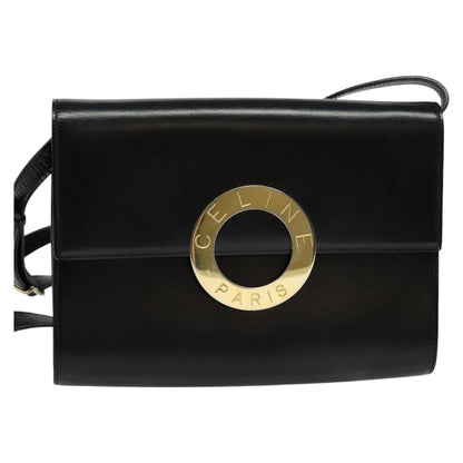 Celine Vintage Circle Logo Crossbody Bag Leather, BLACK, LEATHER, Crossbody bag