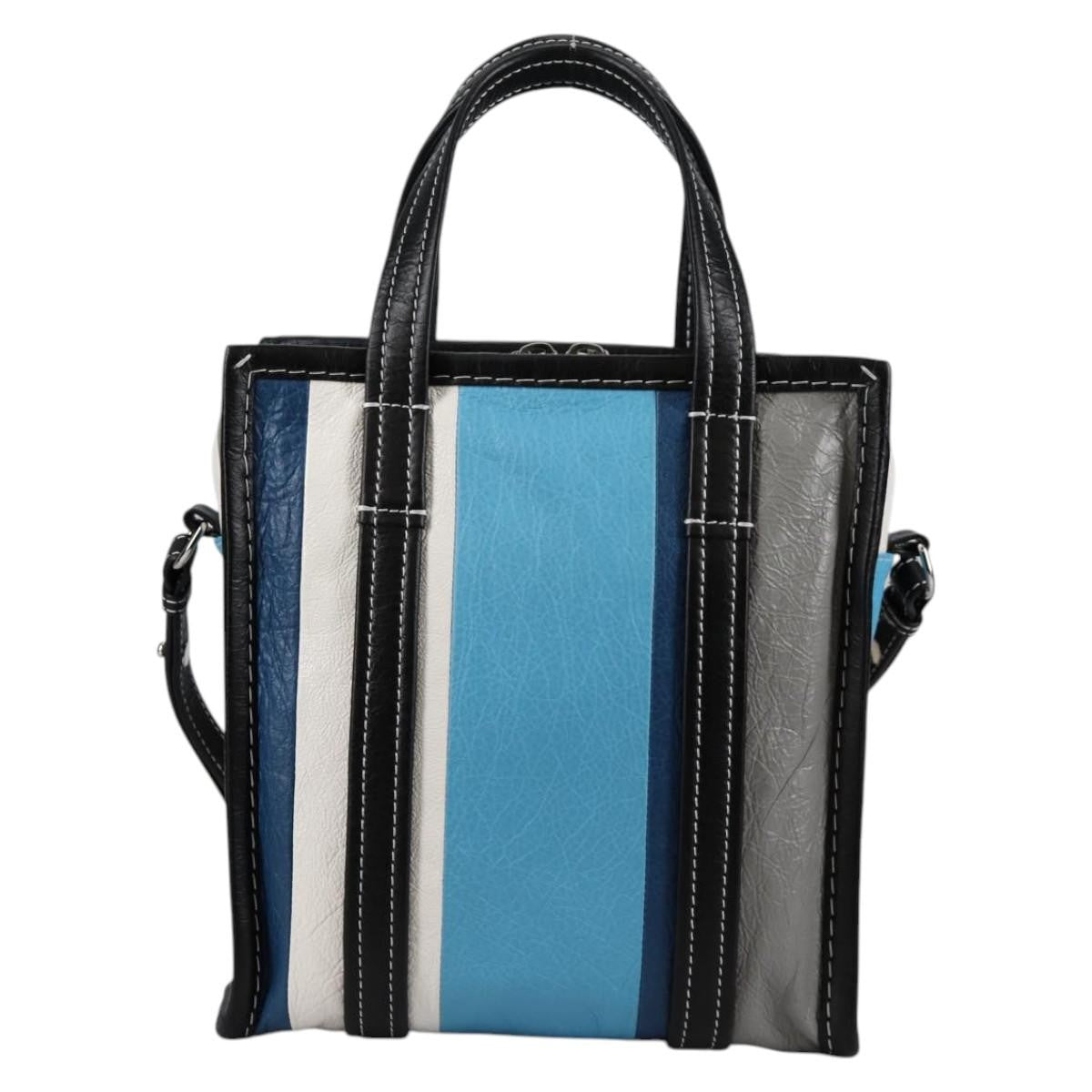 Balenciaga Bazar Convertible Tote Striped Leather, BLUE, LEATHER, Tote bag