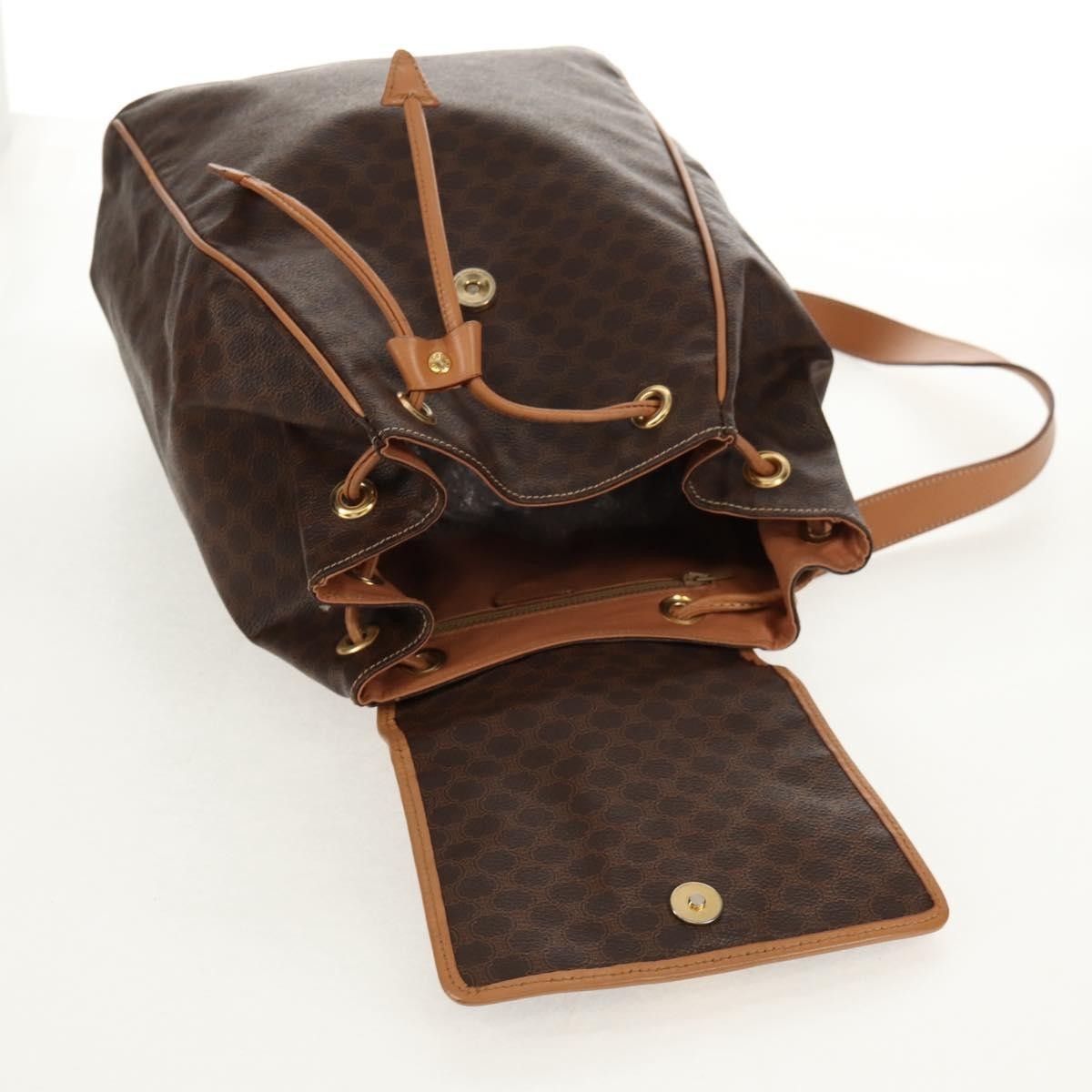 Celine Vintage Drawstring Flap Backpack Macadam Coated Canvas, BROWN, CANVAS, Backpack