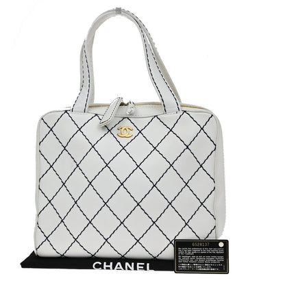 Chanel Surpique Zip Around Satchel Quilted Leather, WHITE, LEATHER, Tote bag