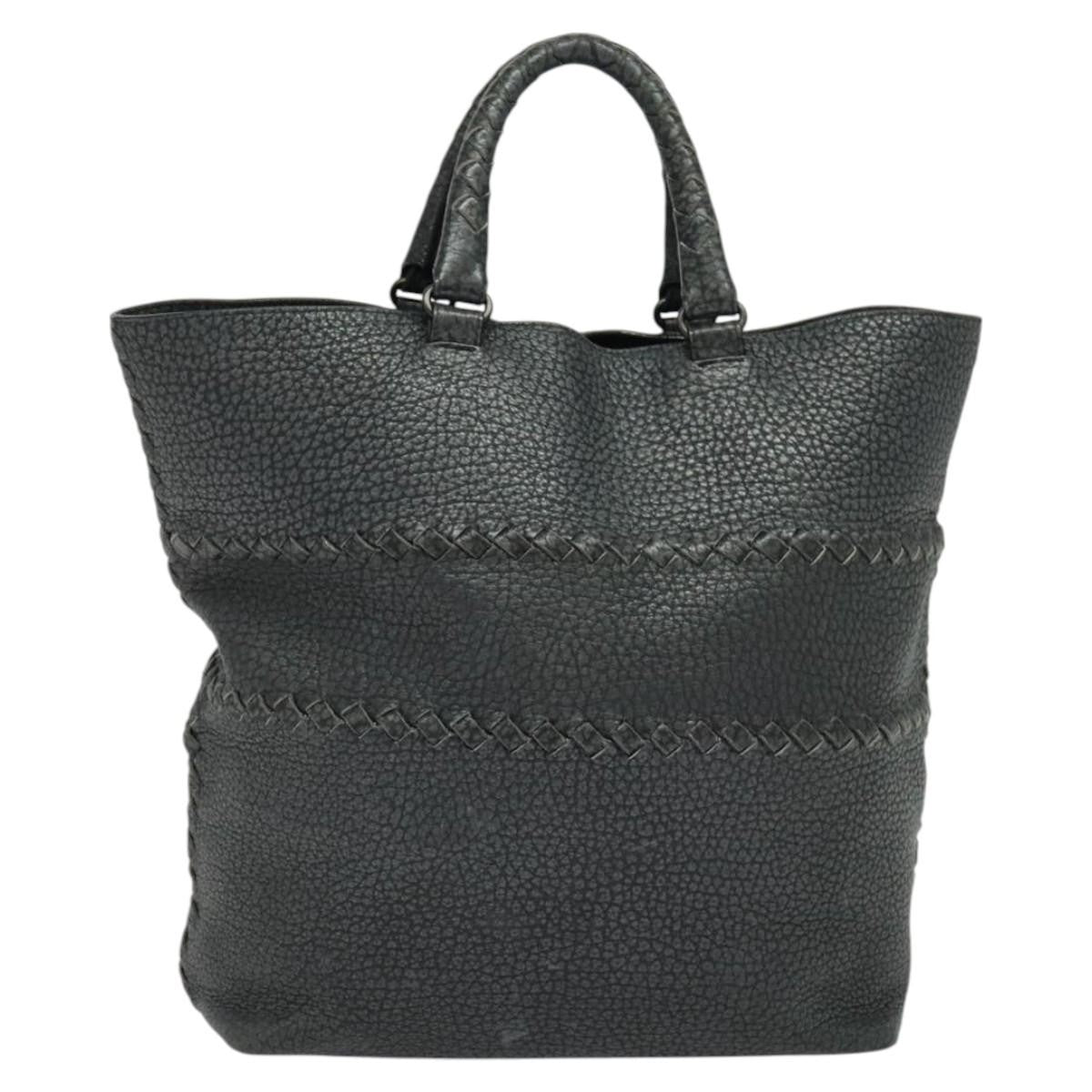 Bottega Veneta Shopping Tote Leather with Intrecciato Detail, GRAY, LEATHER, Tote bag