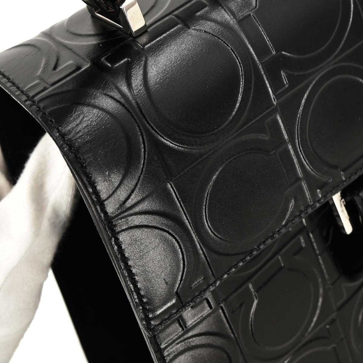 Salvatore Ferragamo Vintage Gancini Top Handle Bag Embossed Leather, BLACK, LEATHER, Handbag