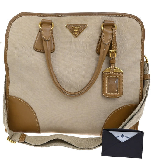 Prada Convertible Tote Canvas and Saffiano Leather, Beige, Canvas, Tote Bag