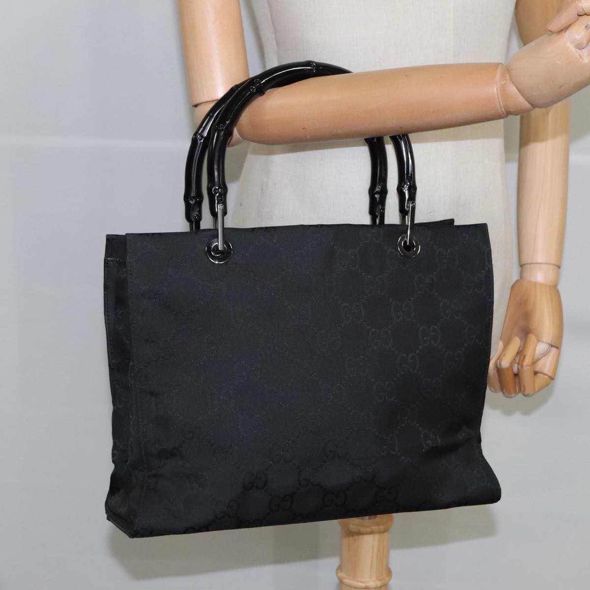 Gucci Vintage Bamboo Handle Tote GG Nylon, Black, Nylon, Tote Bag