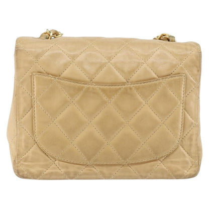 Chanel Vintage Square Classic Single Flap Bag Quilted Lambskin, BEIGE, LEATHER, Shoulder bag