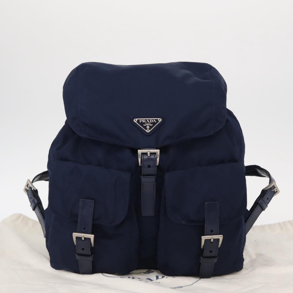 Prada Vela Double Front Pocket Backpack Tessuto with Saffiano Leather, BLUE, NYLON, Backpack