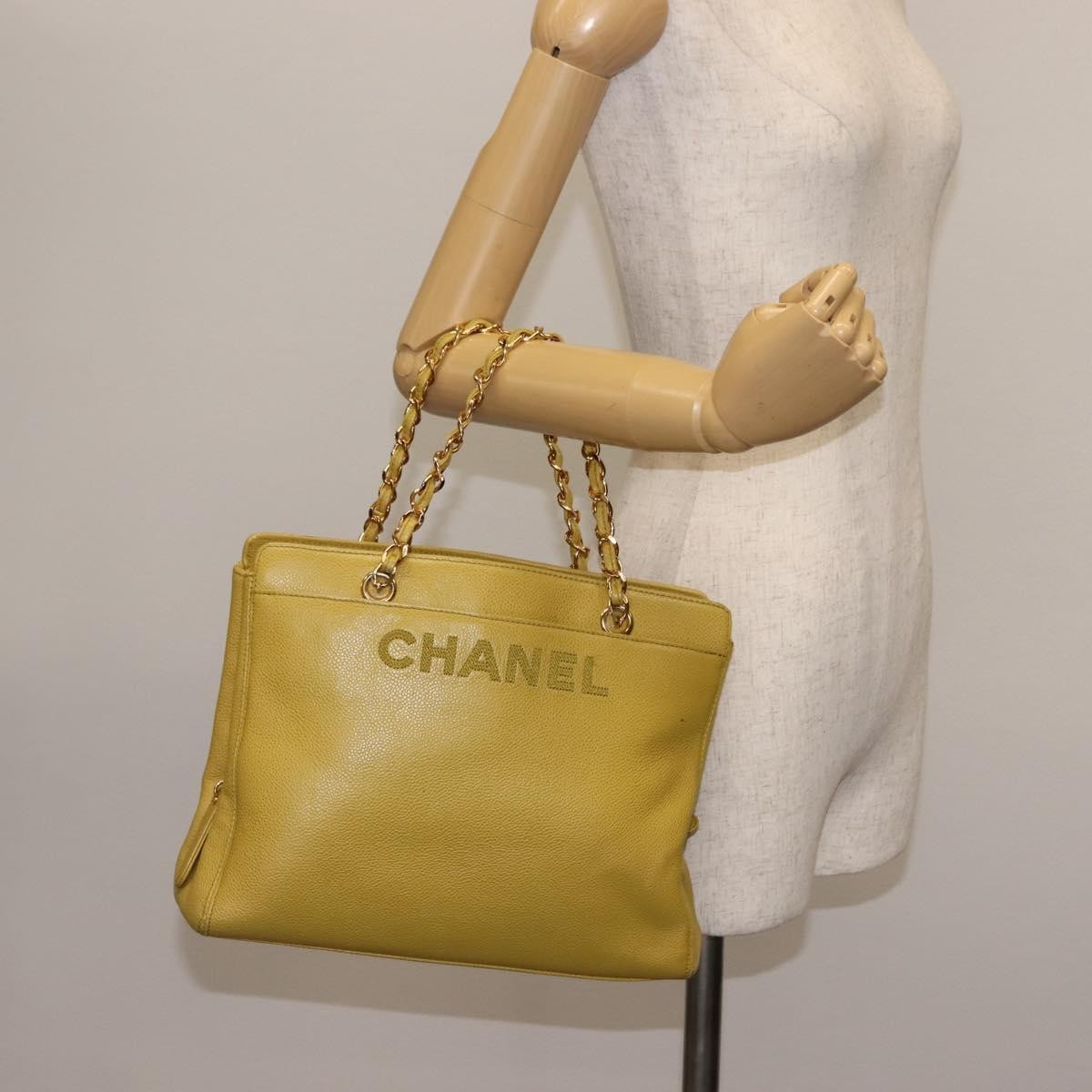 Chanel Vintage Logo Chain Tote Caviar, YELLOW, LEATHER, Tote bag