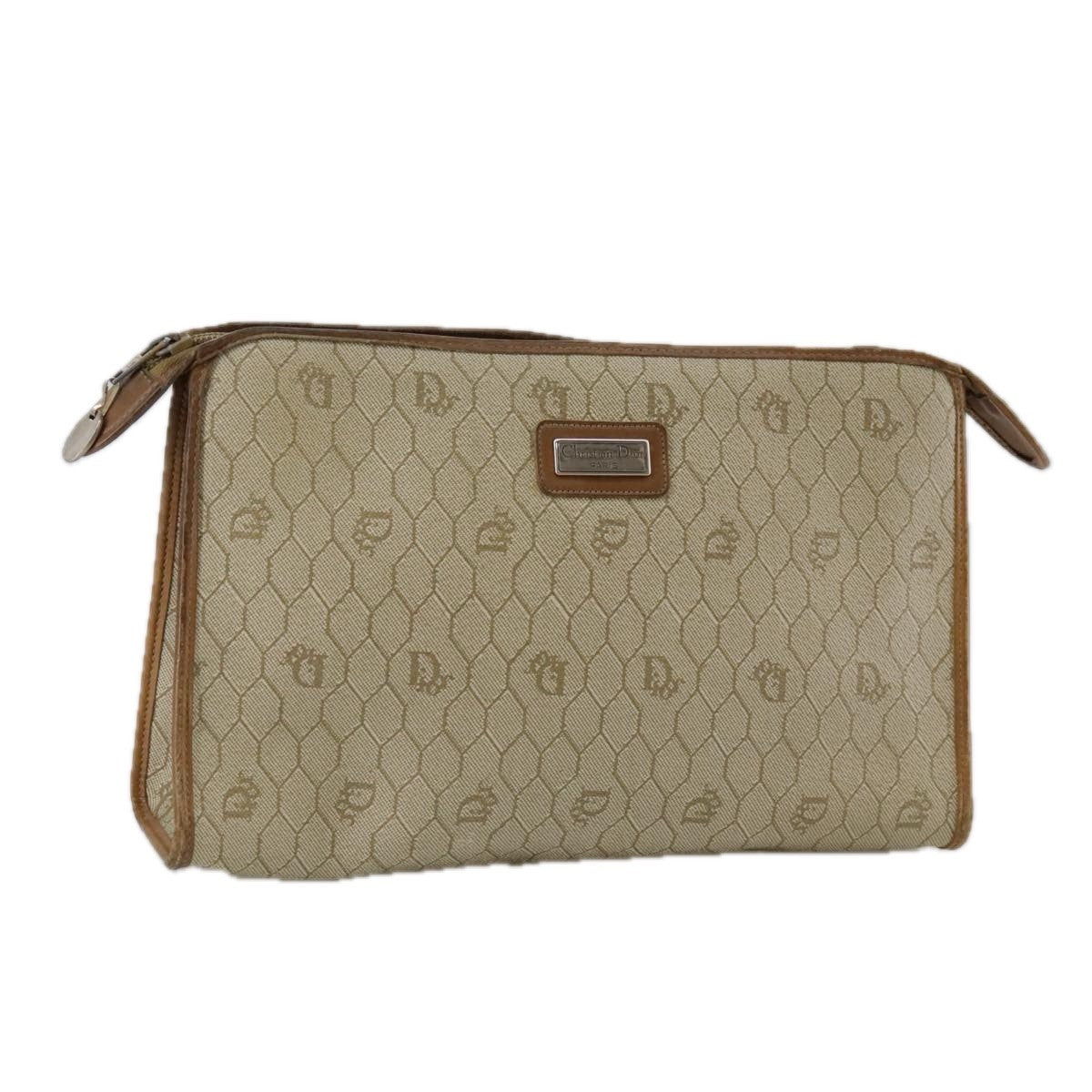 Christian Dior Vintage Honeycomb Zip Pouch Canvas and Leather, BEIGE, CANVAS, Clutche & pouche