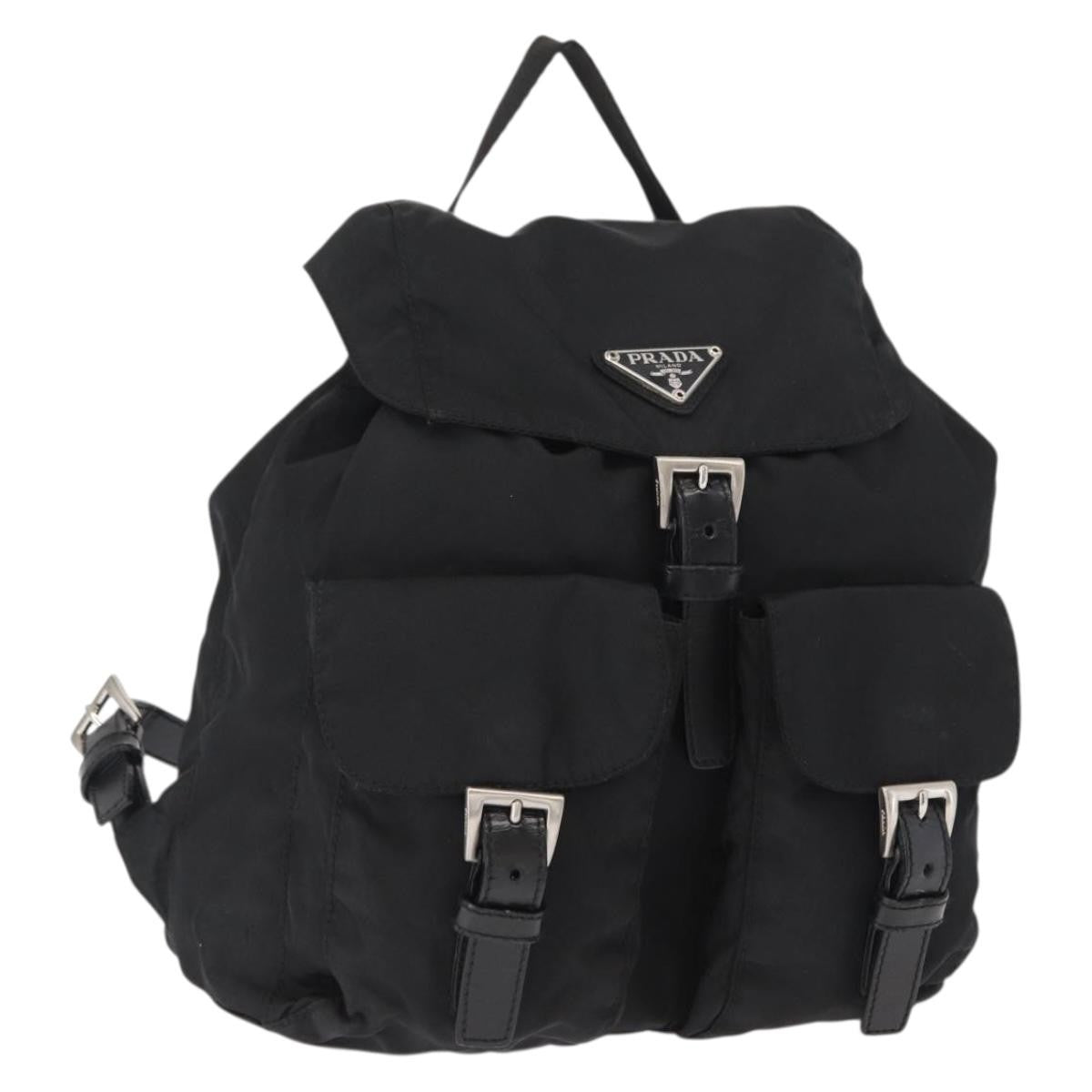 Prada Vela Double Front Pocket Backpack Tessuto with Saffiano Leather, BLACK, NYLON, Backpack