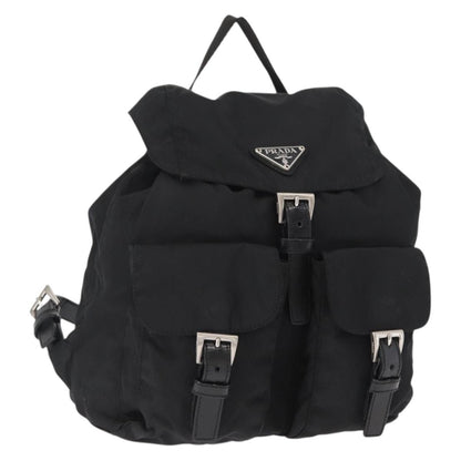 Prada Vela Double Front Pocket Backpack Tessuto with Saffiano Leather, BLACK, NYLON, Backpack