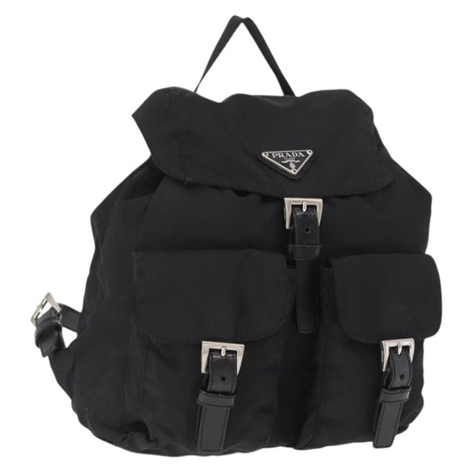Prada Vela Double Front Pocket Backpack Tessuto with Saffiano Leather, BLACK, NYLON, Backpack