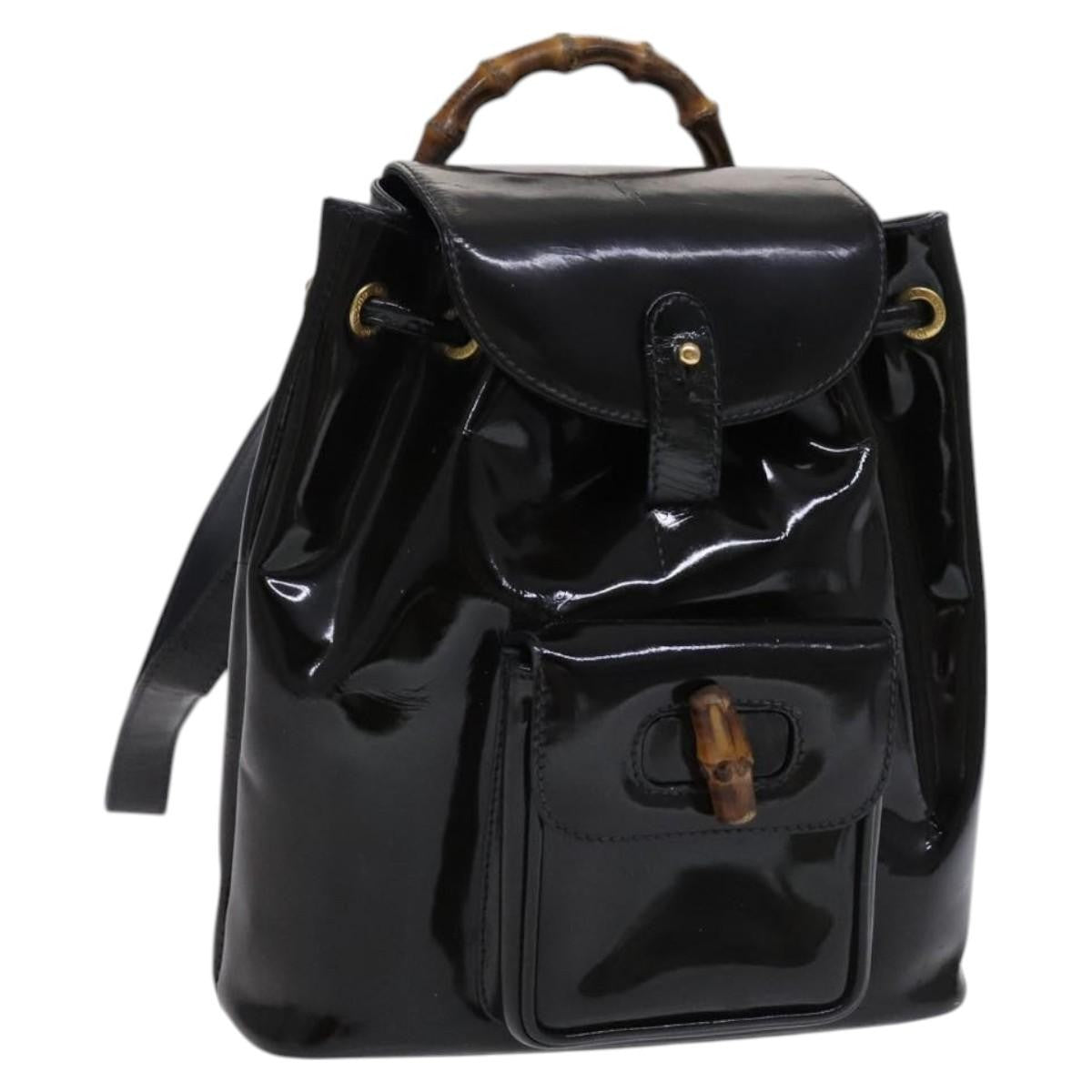 Gucci Vintage Bamboo Backpack Patent, Black, Patent Leather, Backpack