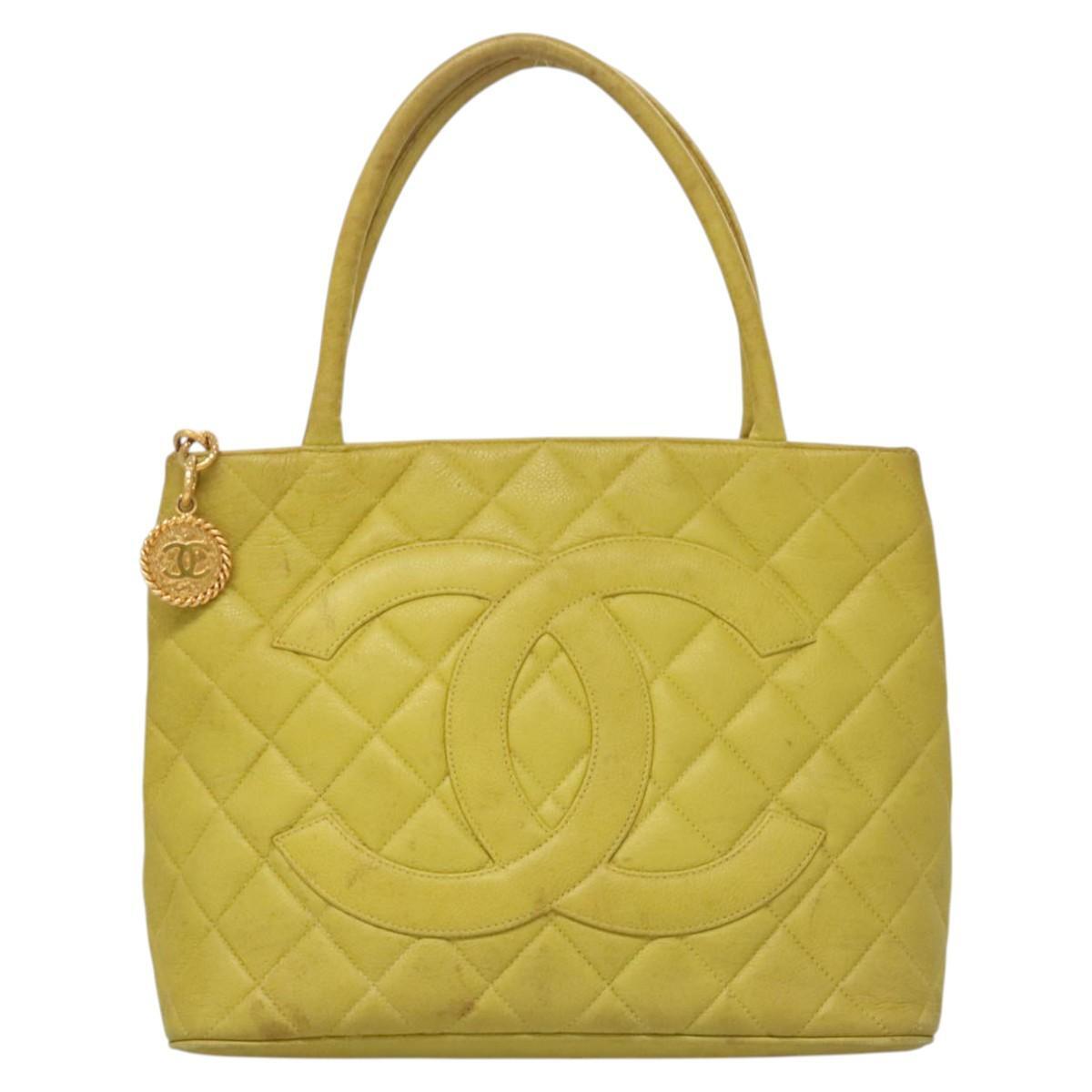 Chanel Medallion Tote Quilted Caviar, YELLOW, LEATHER, Tote bag