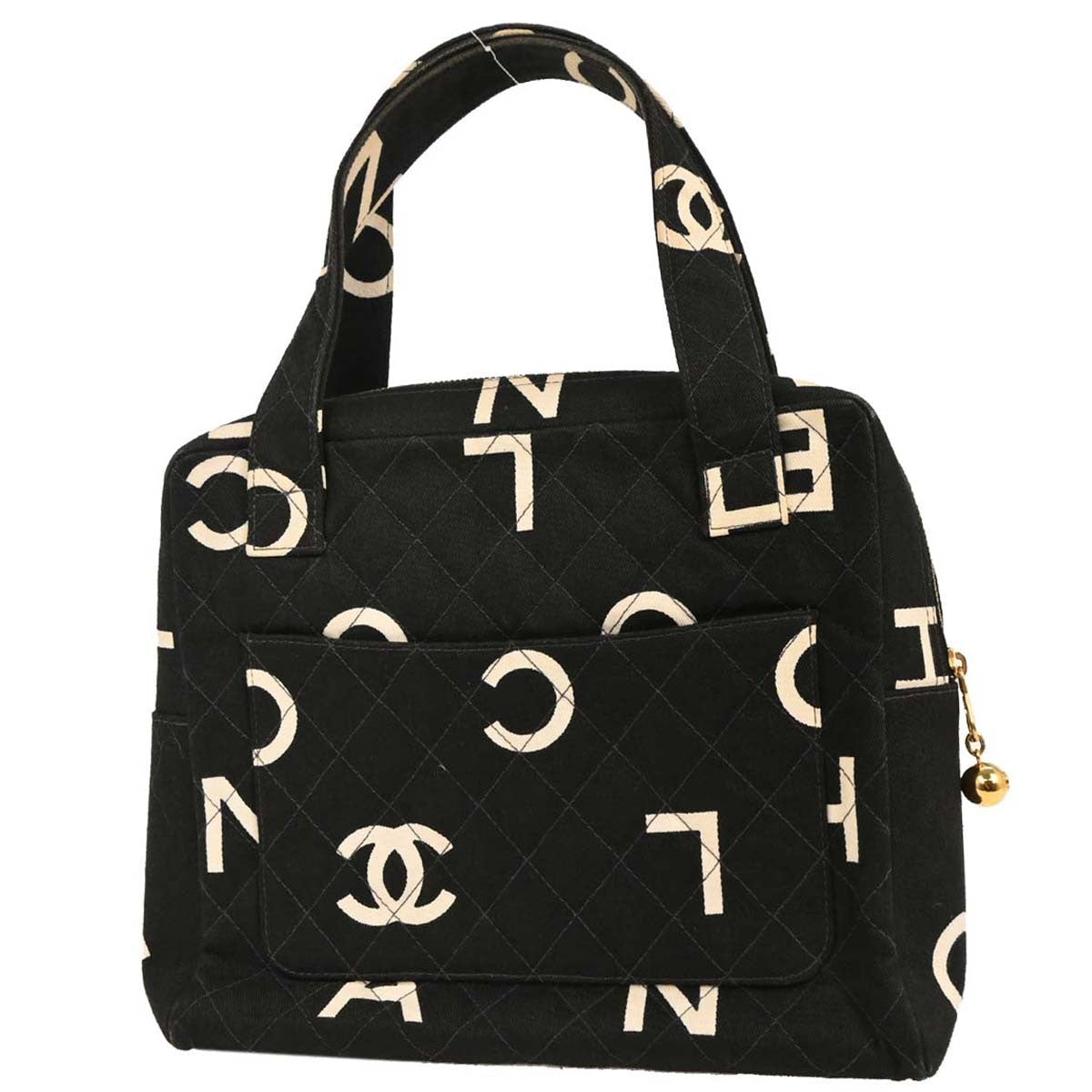 Chanel Vintage Coco Logo Zip Around Handle Bag Quilted Printed Canvas, BLACK, CANVAS, Handbag