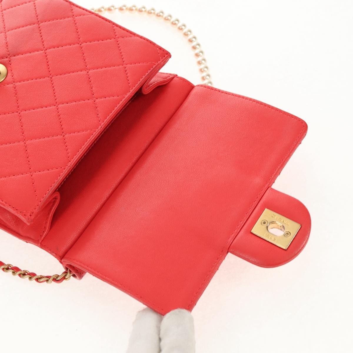 Chanel Pearl Chain Flap Bag Quilted Lambskin, RED, CALFSKIN, Clutche & pouche