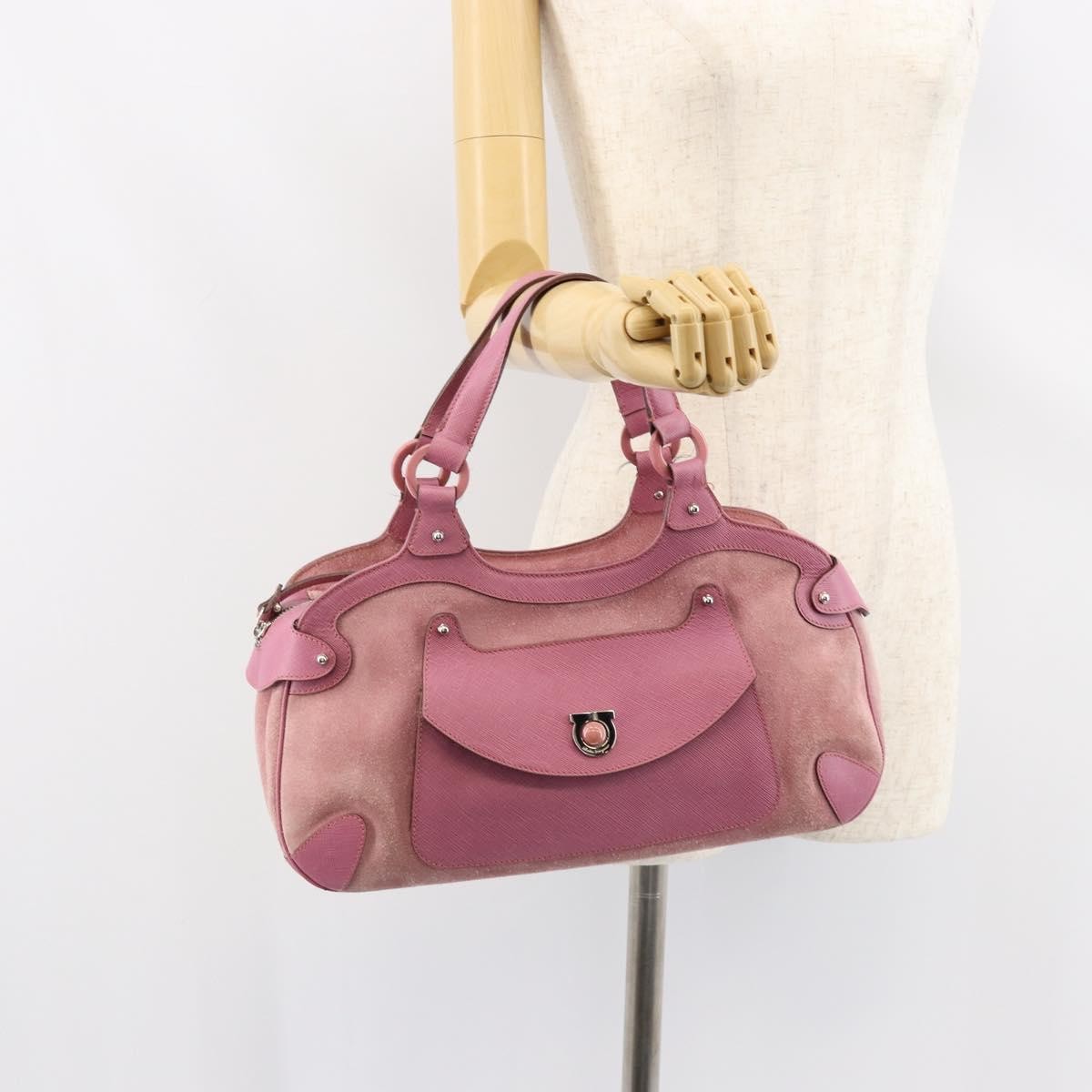 Salvatore Ferragamo Gancini handbag Suede, PINK, SUEDE, Handbag