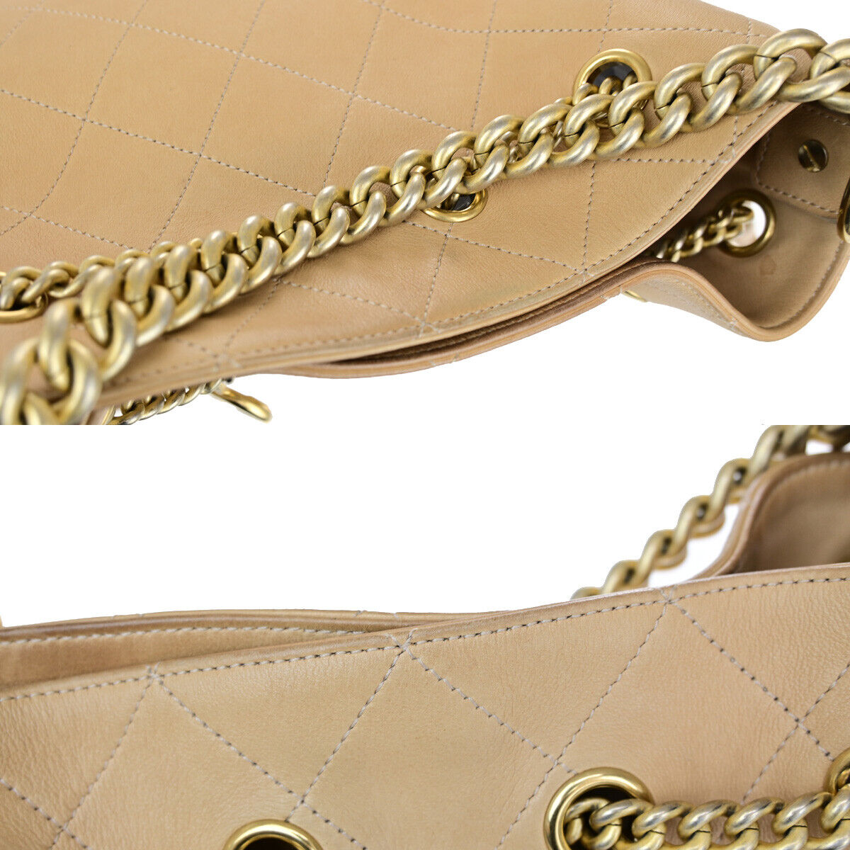 Chanel On My Shoulder Drawstring Bag Quilted Calfskin, BEIGE, LEATHER, Shoulder bag