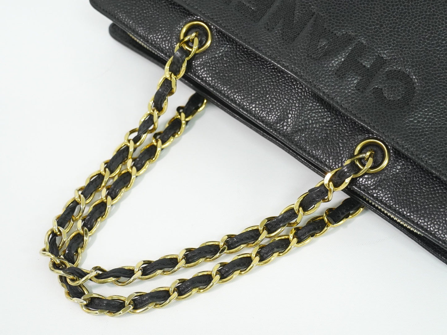 Chanel Vintage Logo Chain Tote Caviar, BLACK, LEATHER, Tote bag