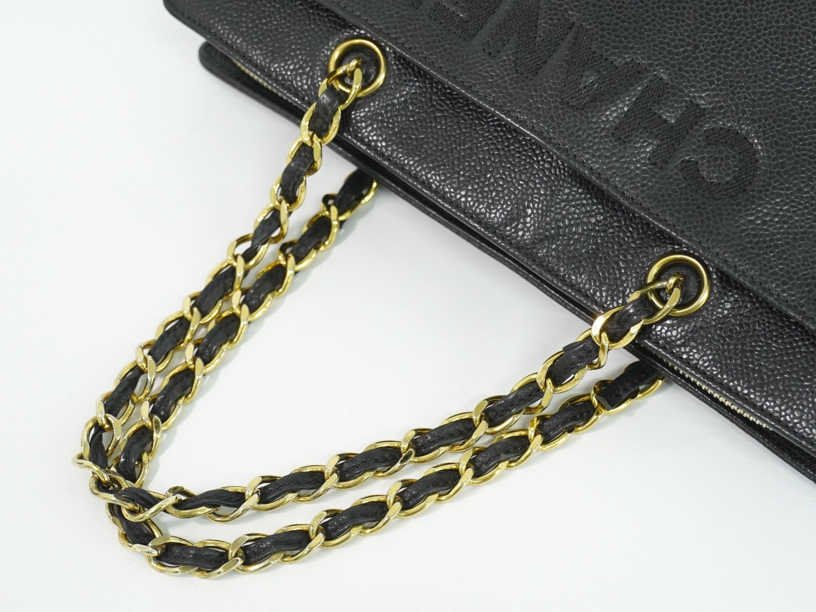 Chanel Vintage Logo Chain Tote Caviar, BLACK, LEATHER, Tote bag